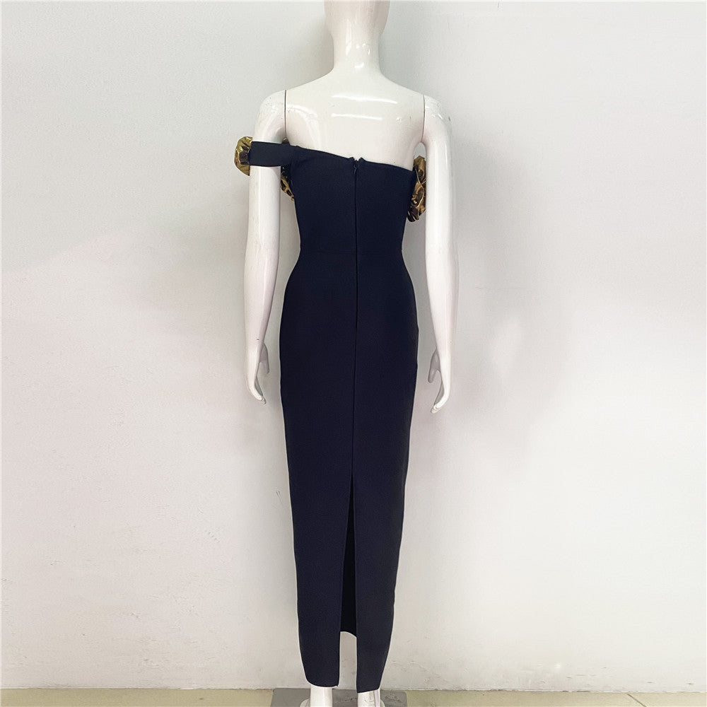 Women elegant party golden flower one-shoulder Bodycon bandage dress 11