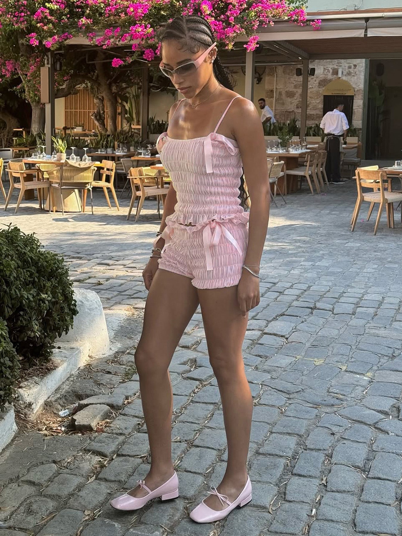 Women Bow Pleated Camisole Shorts Two-Piece Set 5