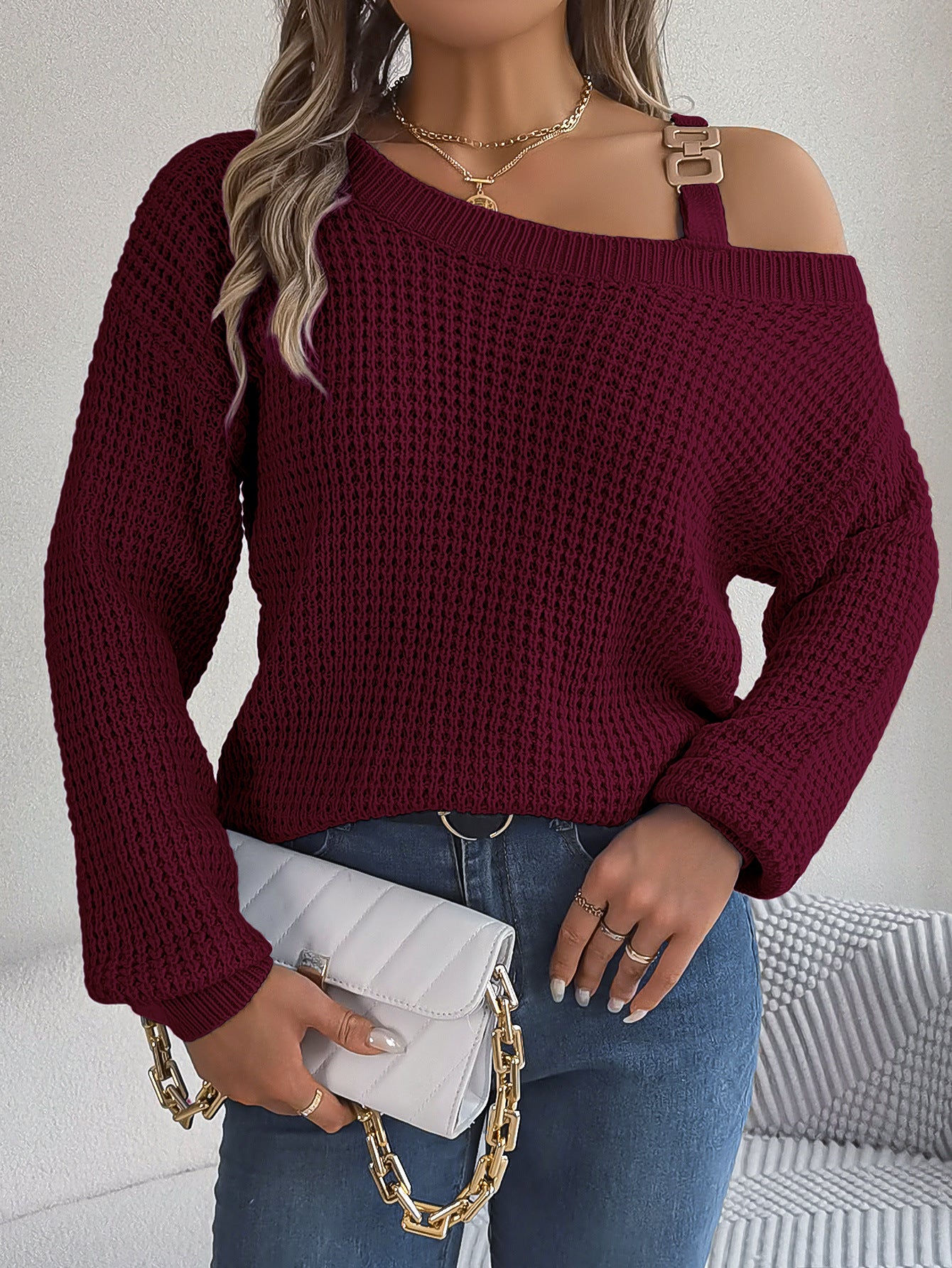 Autumn And Winter Casual Metal Buckle Strap Patchwork Balloon Sleeve Pullover Sweater