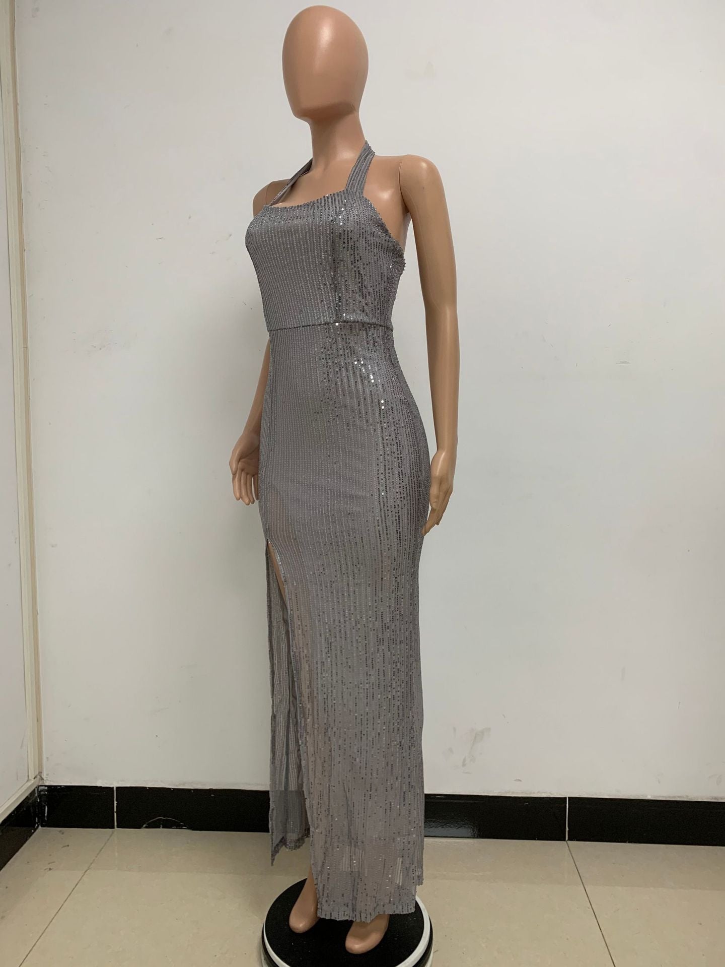 Women Sleeveless Halter Neck Backless Sequin Slit Evening Dress 71