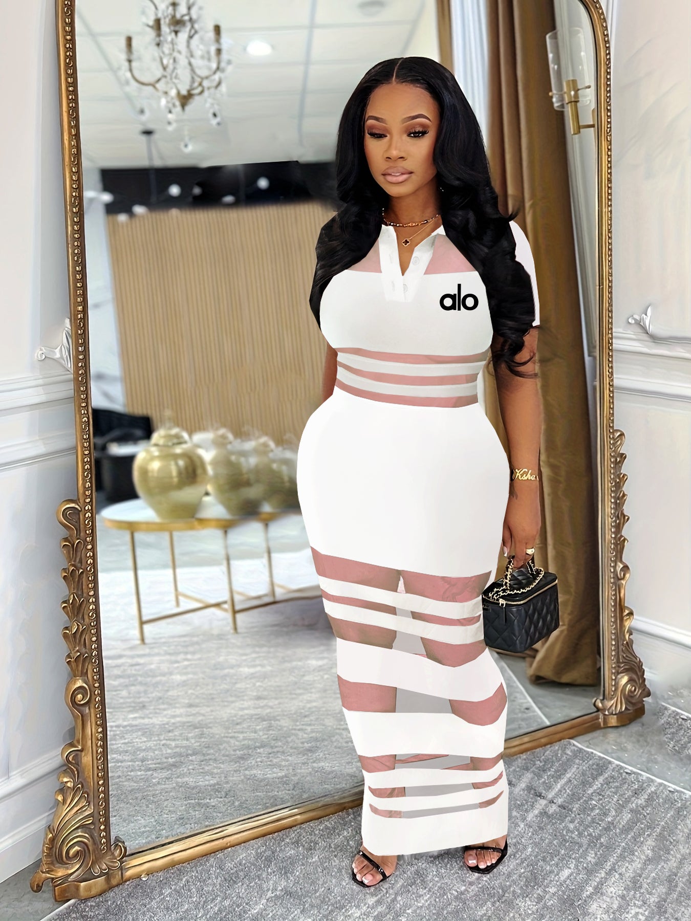 Women Sexy Mesh Patchwork Polo Neck Bodycon Dress