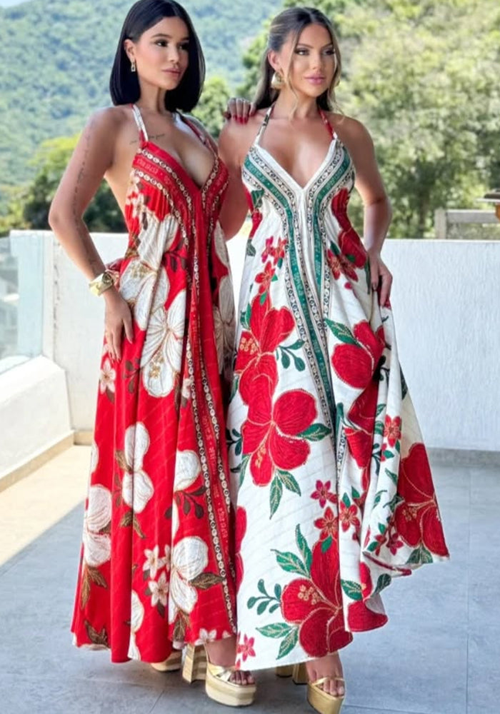 Women Spring and Summer Off-shoulder V-neck Strapless Printed Maxi Dress