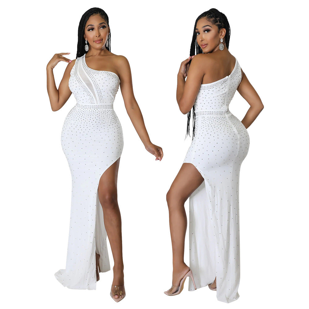 Trendy Sexy Slash Shoulder Slim Waist High Slit Open Back Bodycon Beaded Party Dress 7