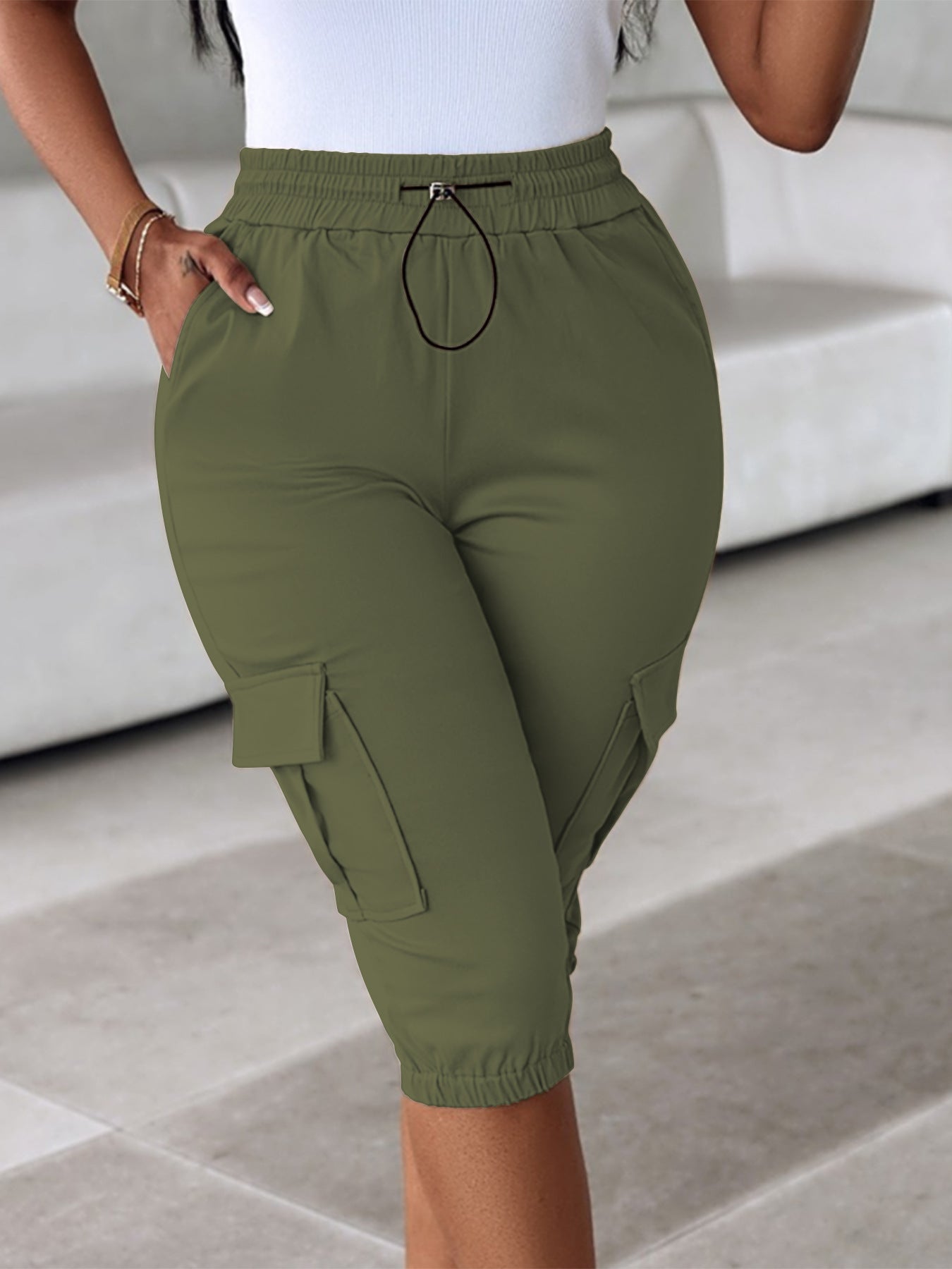 Women elastic waist pocket Cargo shorts 6