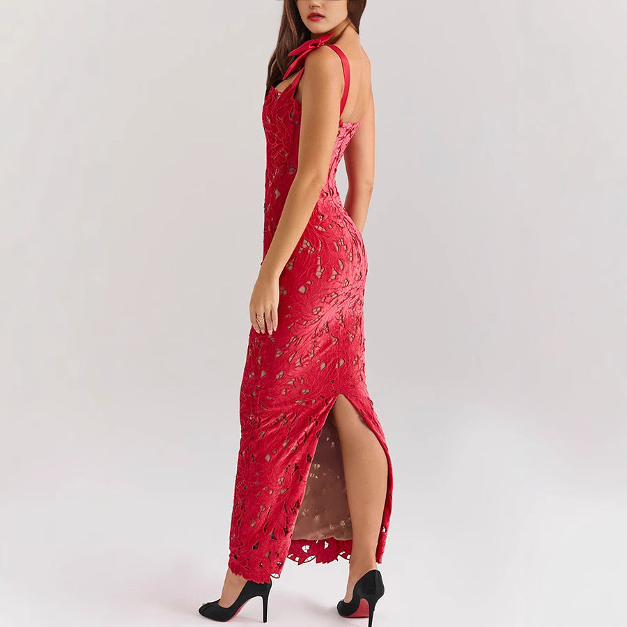 Spring Summer Lace Bowknot Casual Holidays Slim Long Party Dress 6