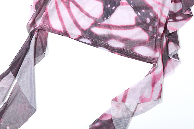 Women Butterfly Print Ribbon Short-Sleeved Dress 14