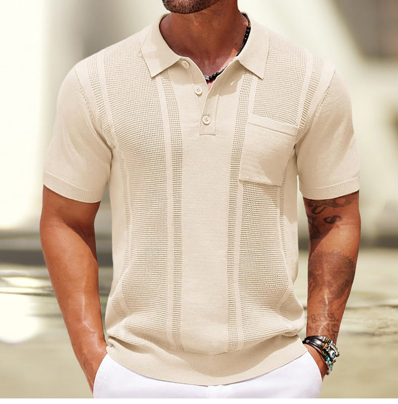 Men’s Polo Shirt Summer Solid Color Short-Sleeve Ribbed Knit Pullover Top 4