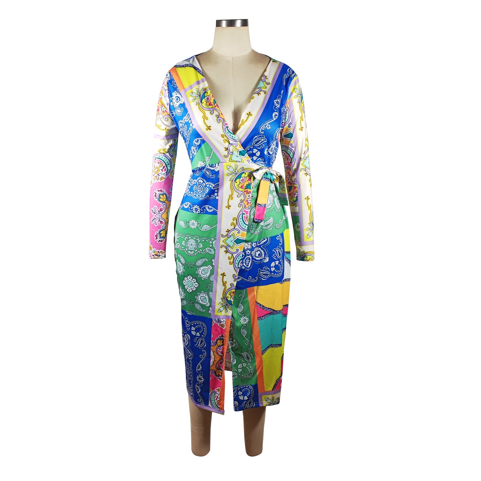 Women's Random Print V-Neck Belt Long Sleeve Midi Dress 4