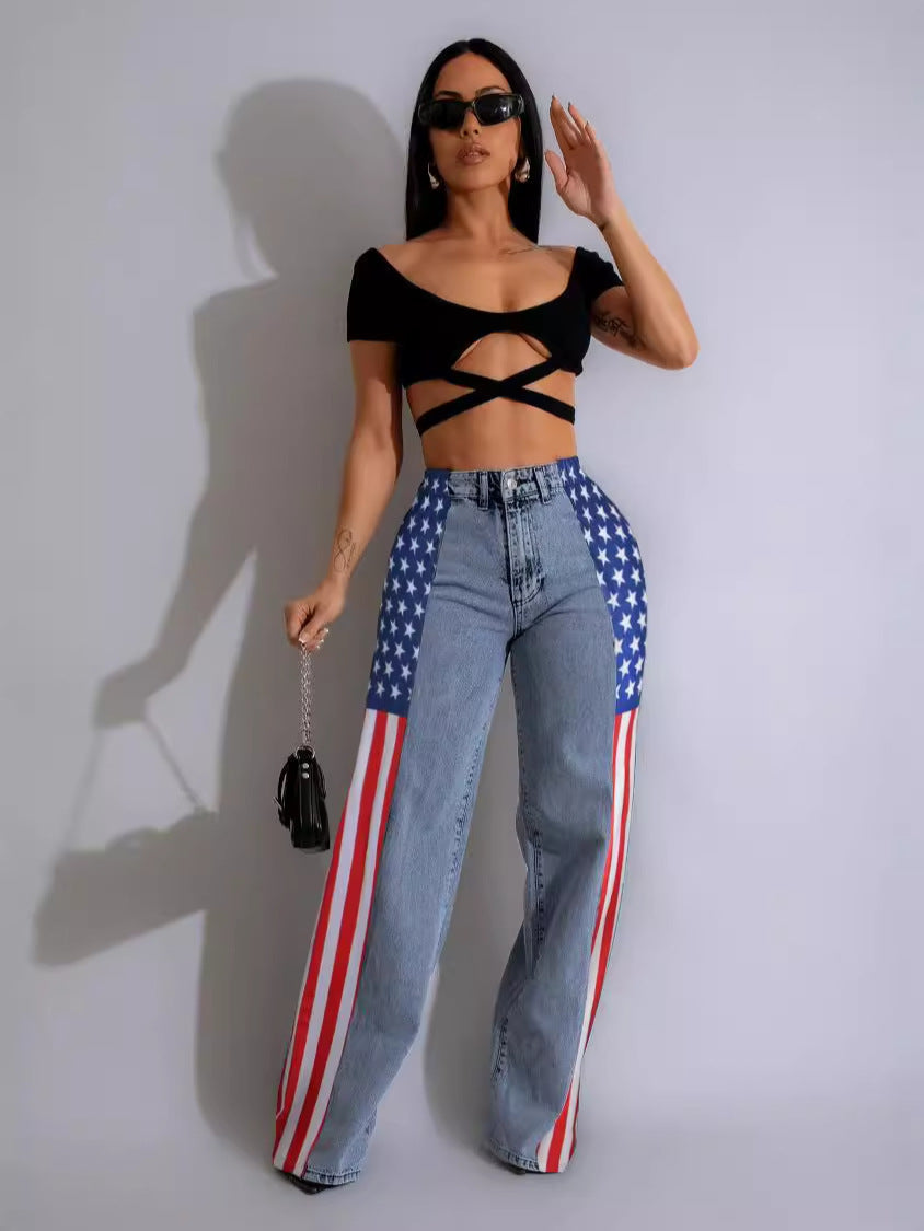 Women American Flag Printed Elastic Wide Leg Denim Pants 6
