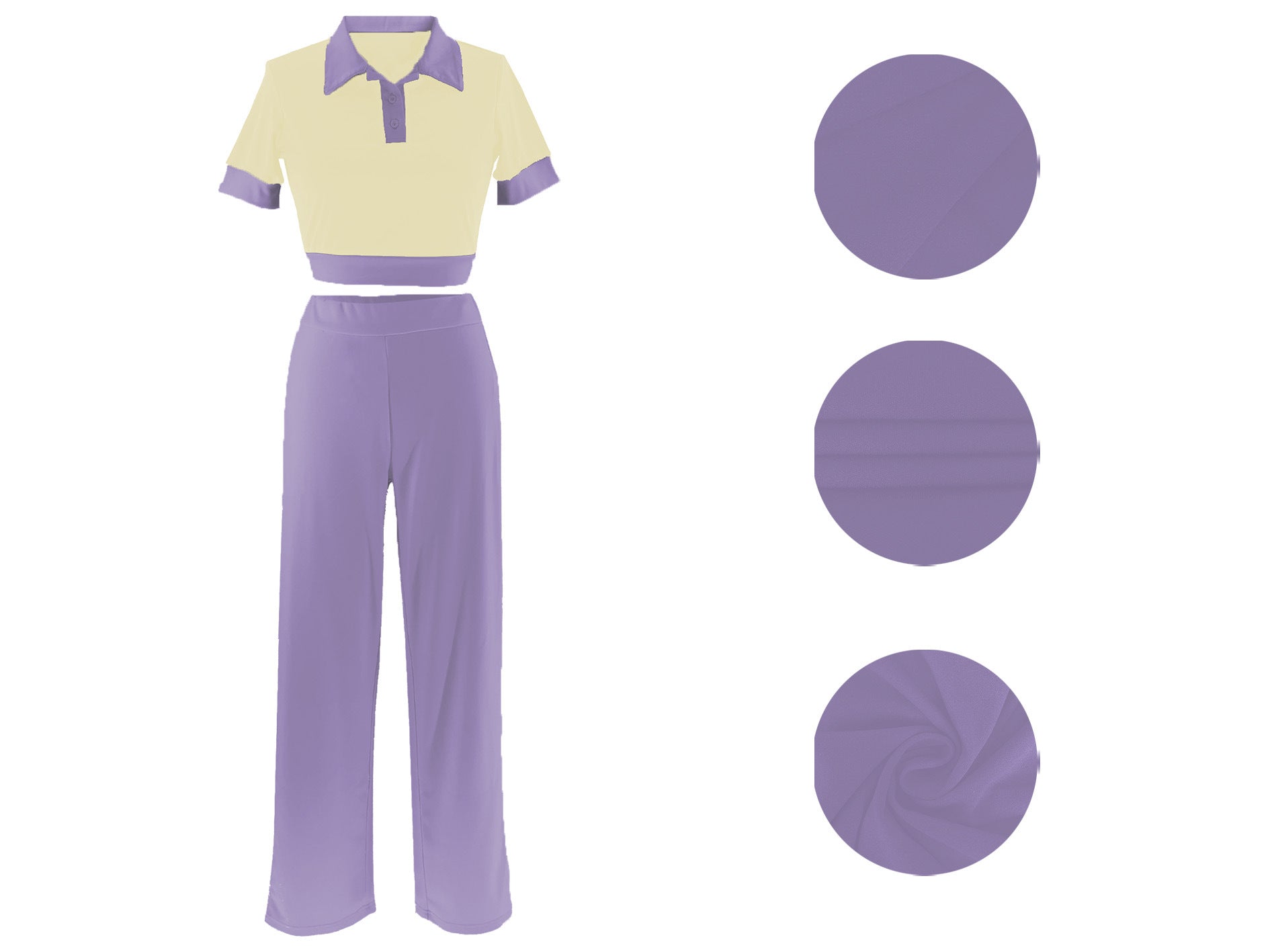 Women's Summer Patchwork Contrast Color Turndown Collar Short Sleeve Top Wide Leg Pants Fashion Two Piece Set 29