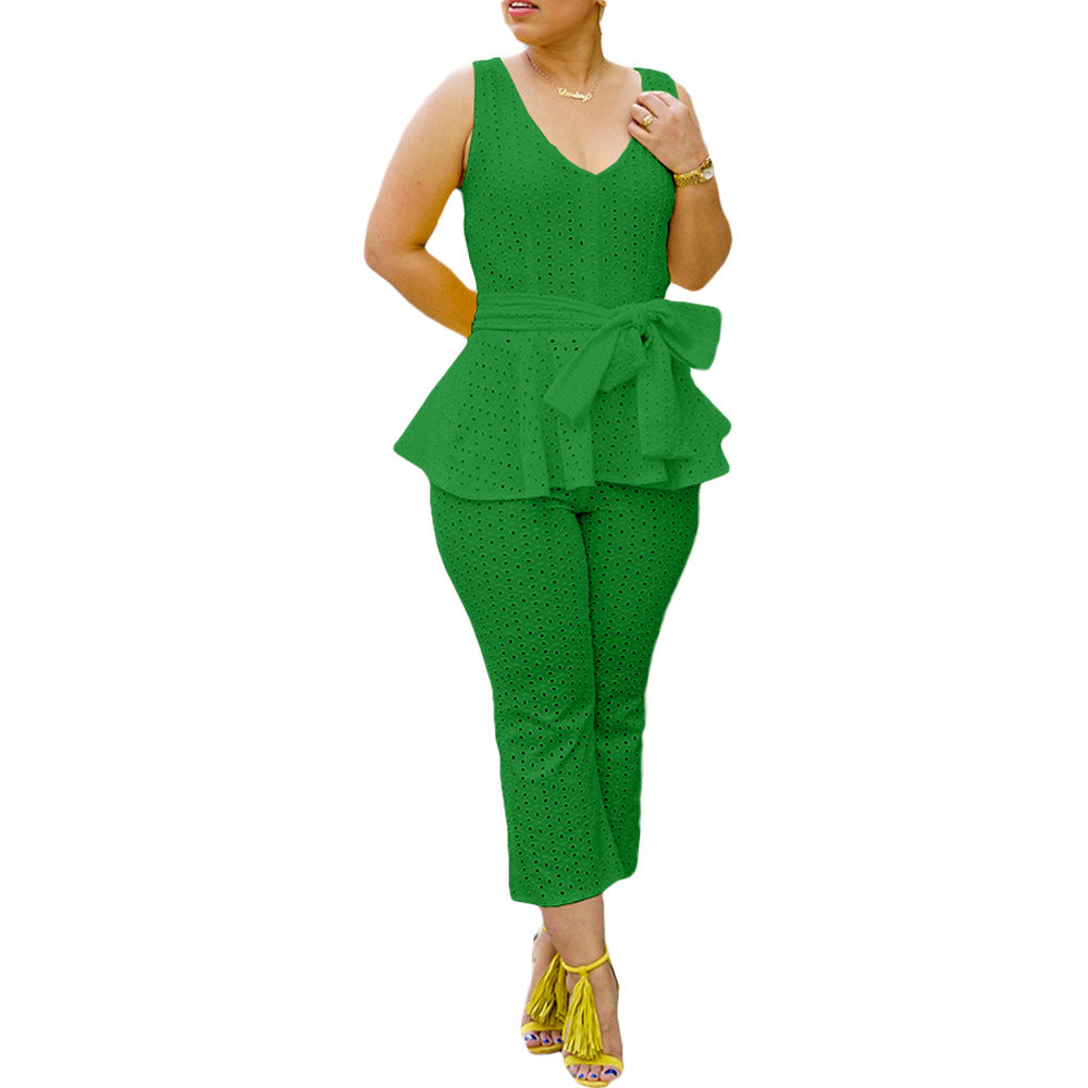 Women's Spring And Summer Solid Color Embroidered Cotton Belt Two-Piece Pants Set 12