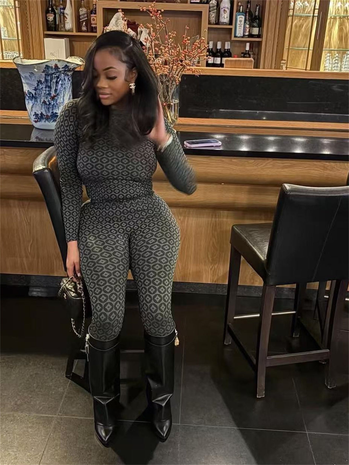 Women printed sexy stretchy long sleeve round neck top trousers two-piece set 8