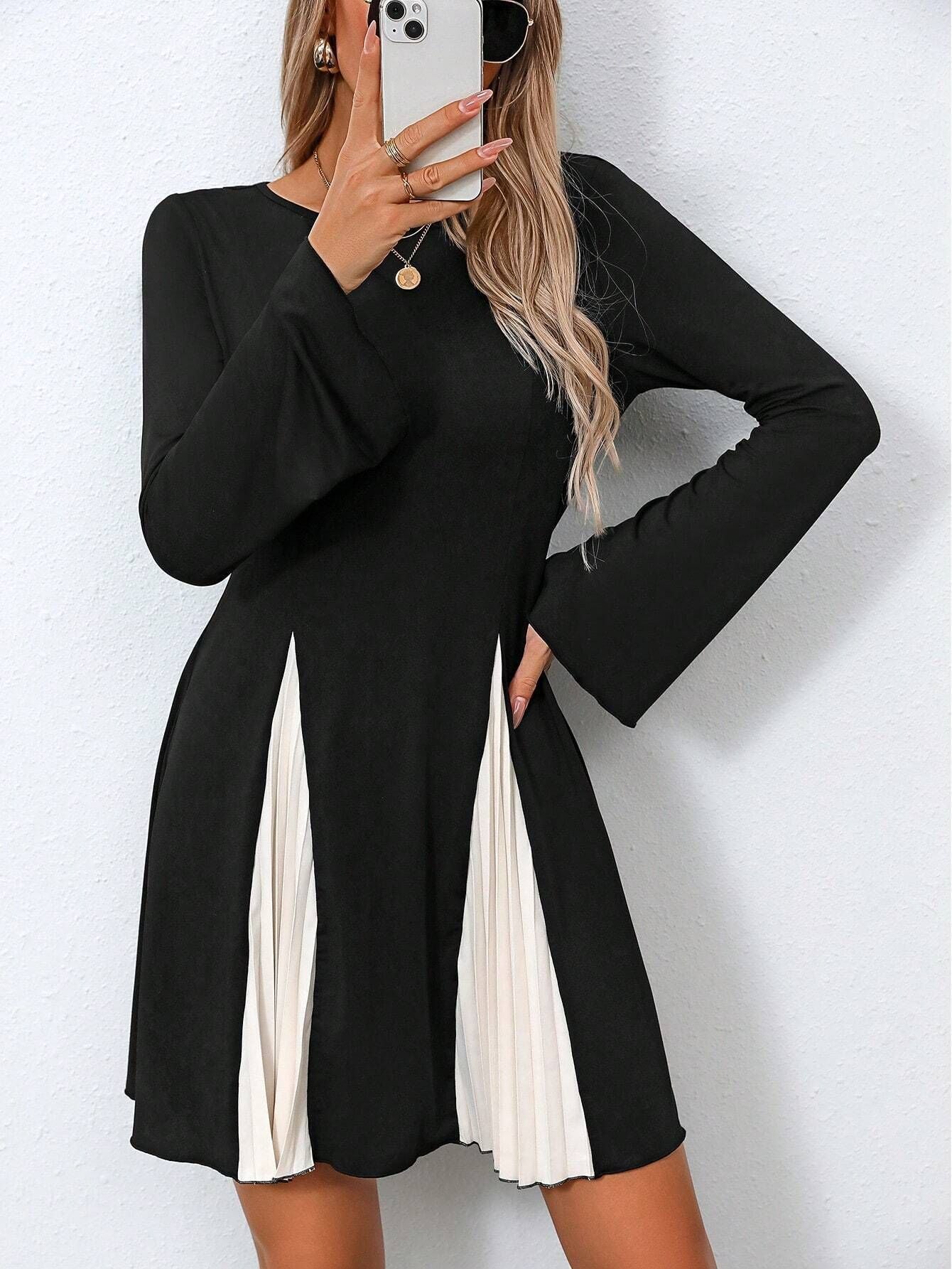 Women patchwork bell bottom sleeve pleated dress 5