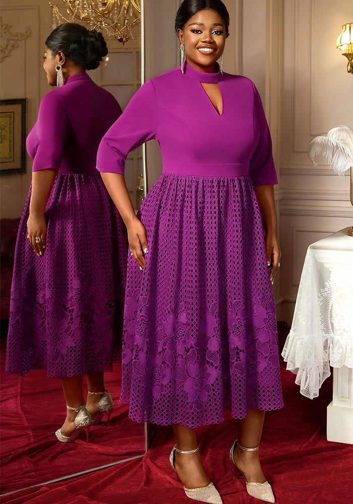 Plus Size Patchwork Lace High-Neck A-Line 3/4 Sleeve Elegant Dress