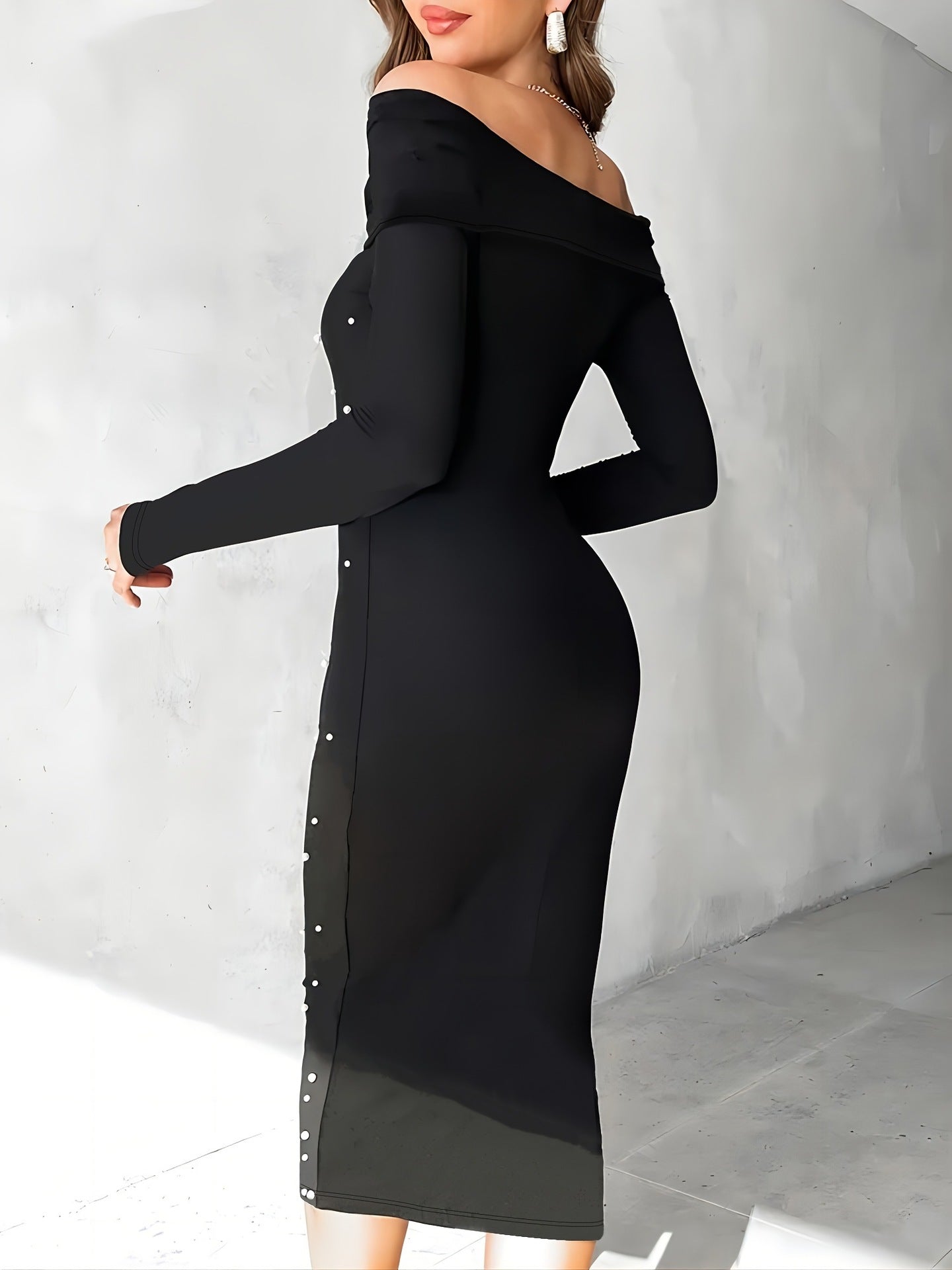 Fashionable And Elegant Off-Shoulder Solid Color Long Sleeve Beaded Bodycon Dress 6