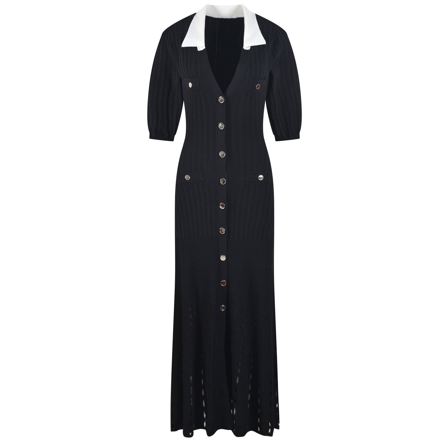 Women French Elegance Turndown Collar Contrast Hollow Short Sleeve Knitting Dress