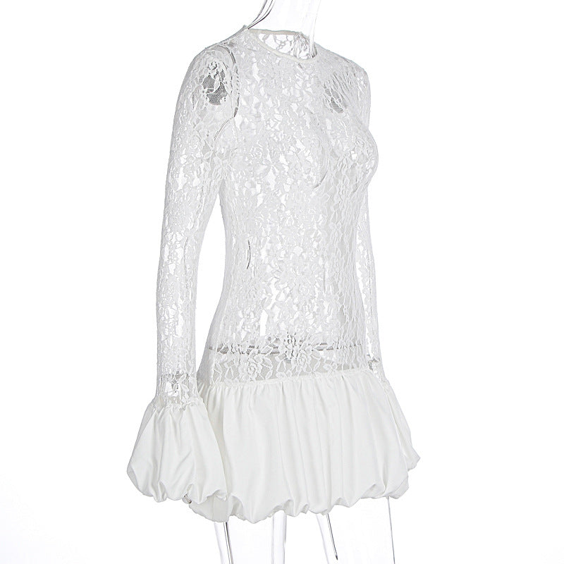 Women's Autumn And Winter Fashion Chic Long Sleeve See-Through Lace Ruffles Dress 7