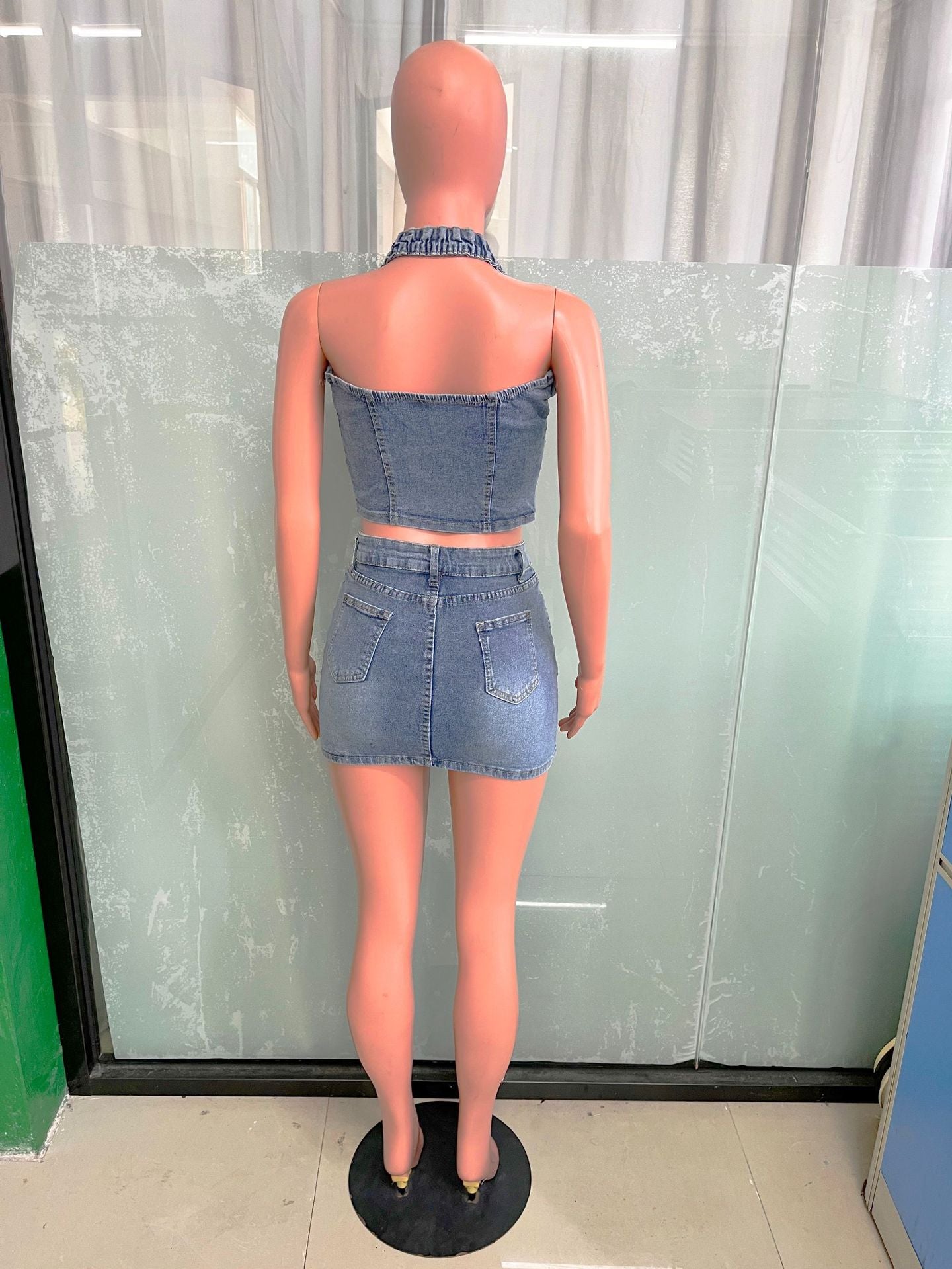 Women denim cross embroidery casual stretch denim top and skirt two-piece set 5