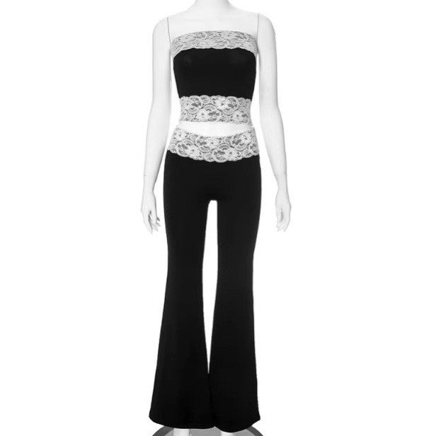 Summer Casual Lace Patchwork Strapless Crop Top and Bell Bottom Pants Set 7