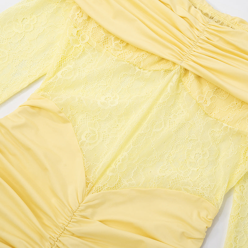 Women's Chic Lace Patchwork Off-Shoulder Slit Long Sleeve Ruffle Maxi Dress 15