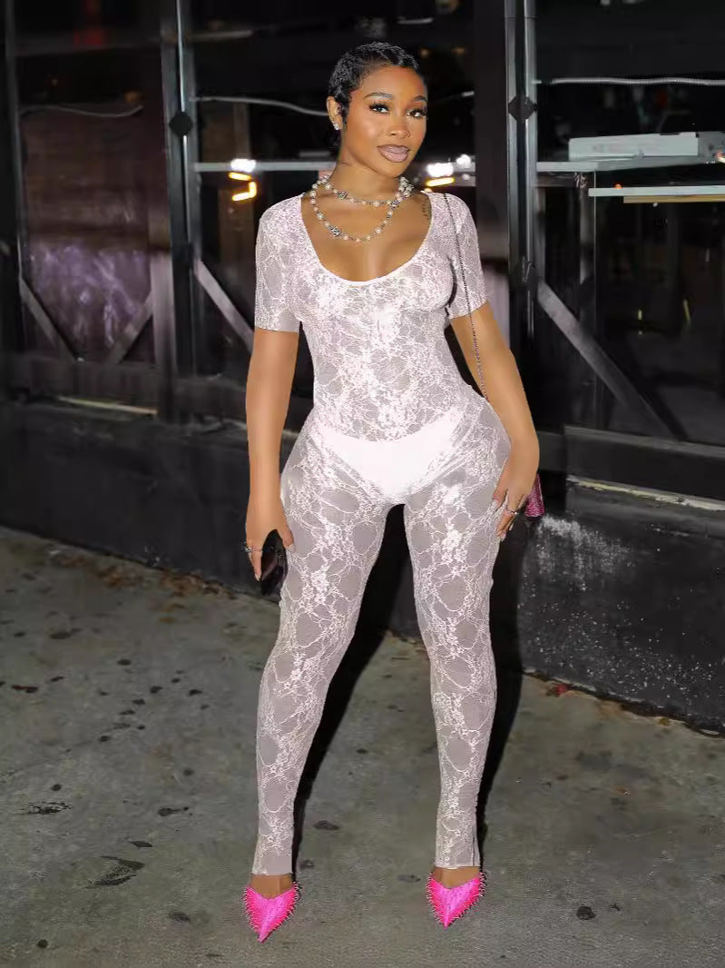 Women's Summer Lace Short Sleeve Low Back Sexy Nightclub Jumpsuit 6