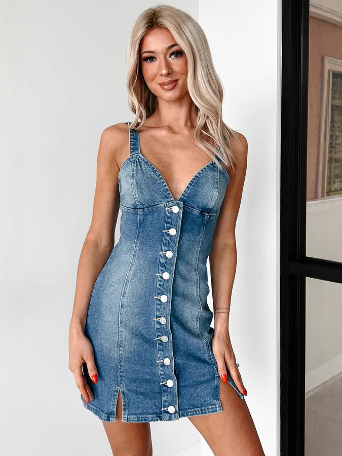 Summer Sweet Strap V-Neck Button Denim Dress 4