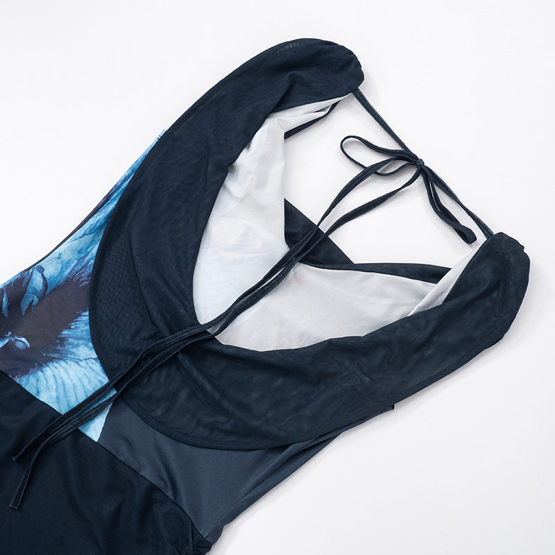 Women Sexy Backless Swing Neck Printed Side Ribbon Bodycon Dress 27