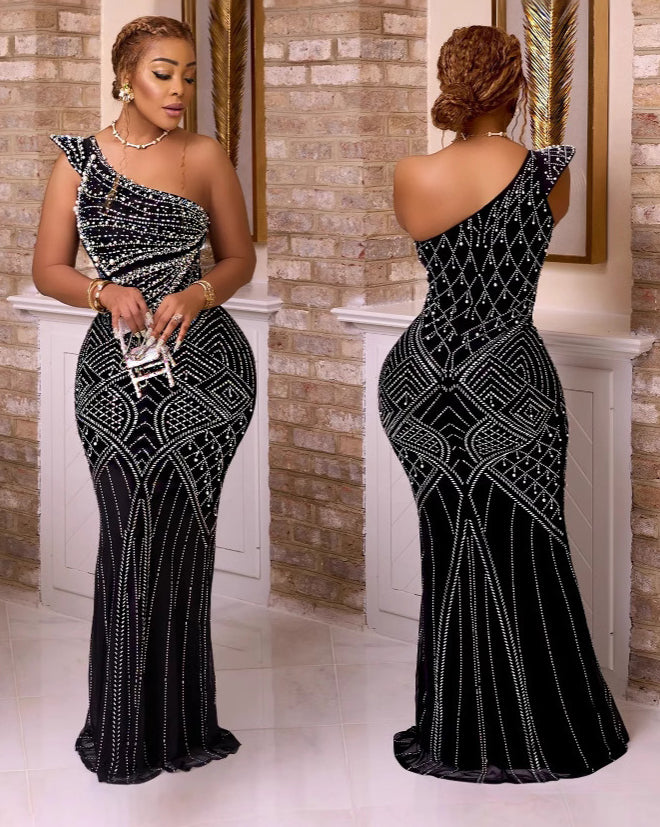 Women Soid Bodycon Slash Shoulder Sequin Dress