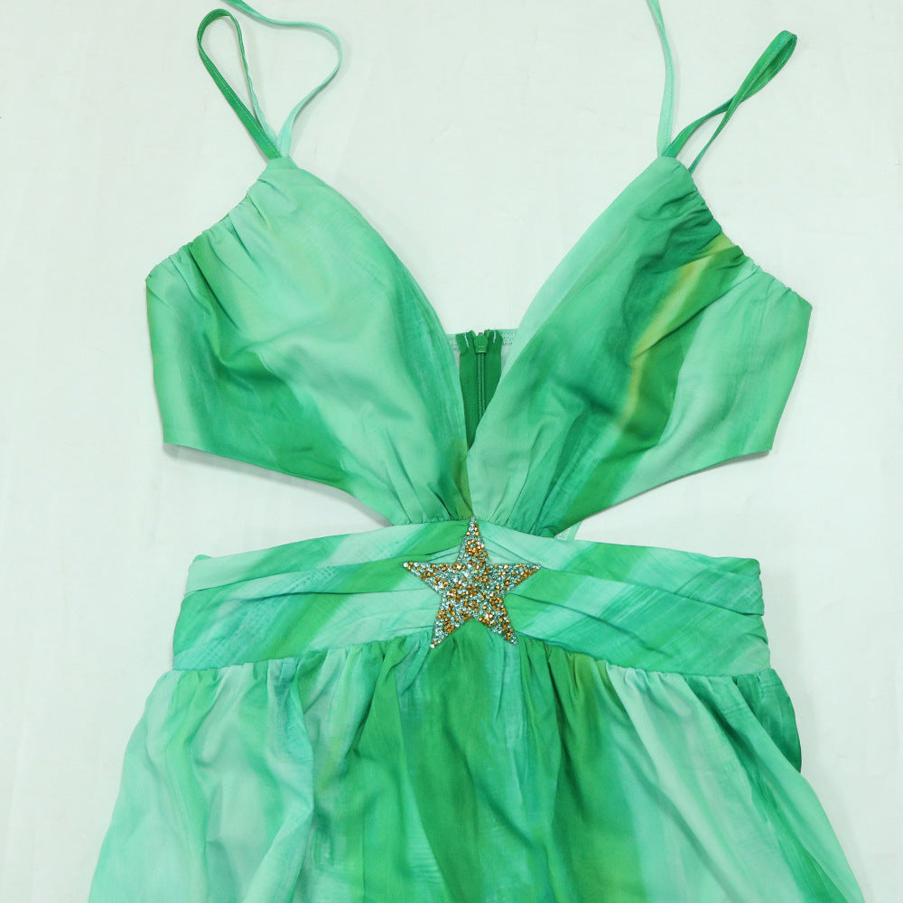 Halter Lace-Up Sleeveless V-Neck Printed Women Fashion Sexy Long Dress 10