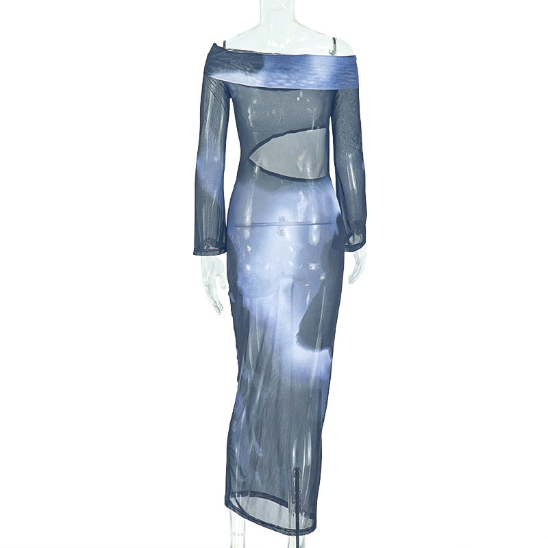 Women Gradient Hollow Crop Off Shoulder Raglan Long Sleeve Maxi Dress 6