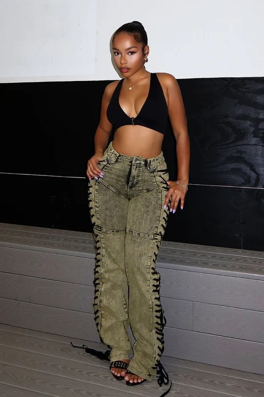 Women Trendy Lace-Up Denim Pants 9