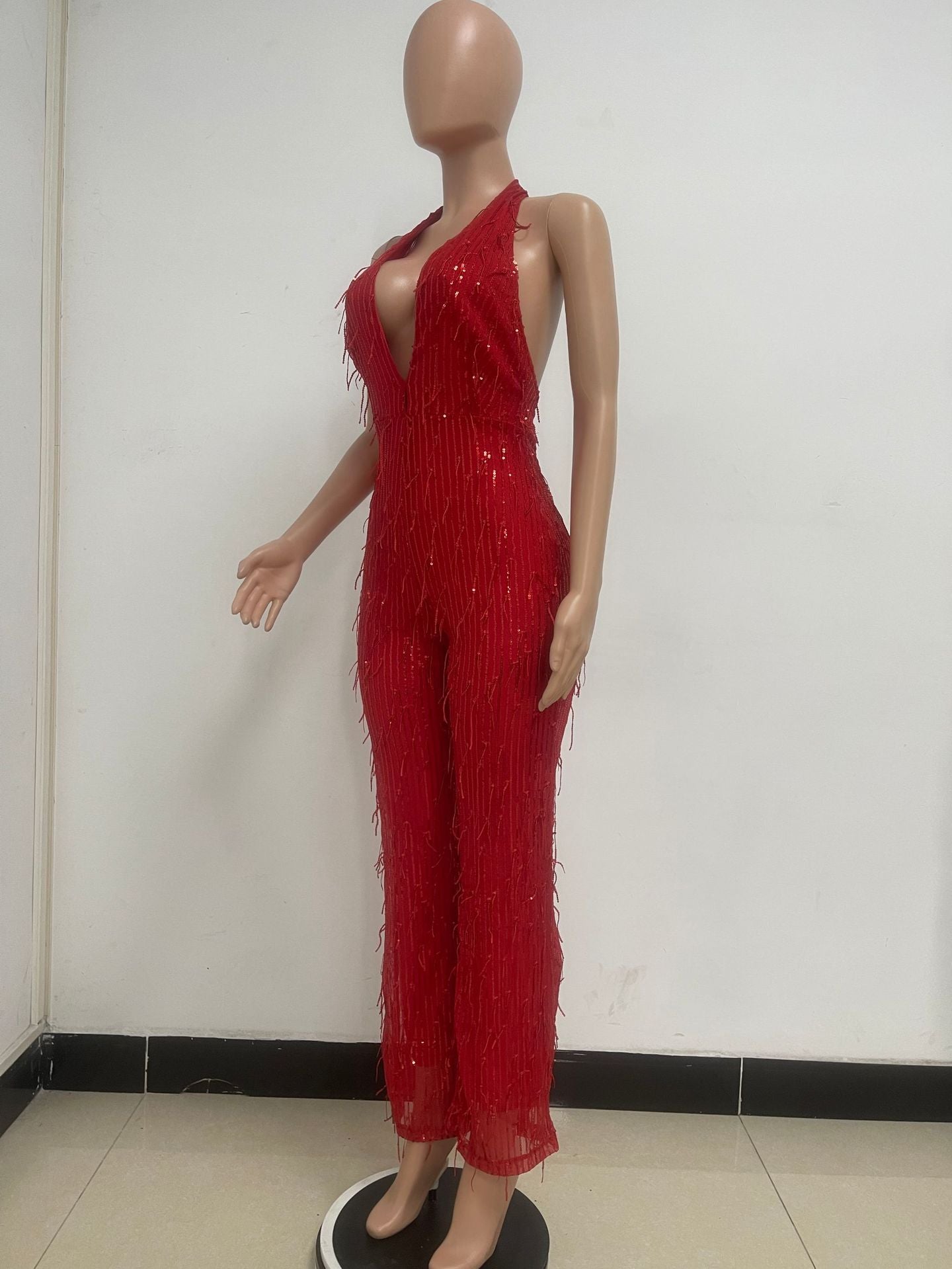 Women's Sleeveless Deep V Halter Neck Low Back Sequin Jumpsuit T 40