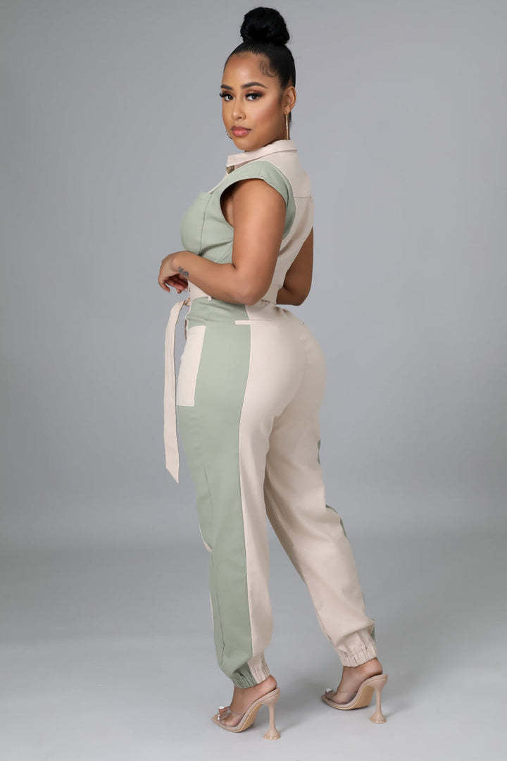 Women's Color Matching Fashion Turndown Collar Button Belt Jumpsuit 10