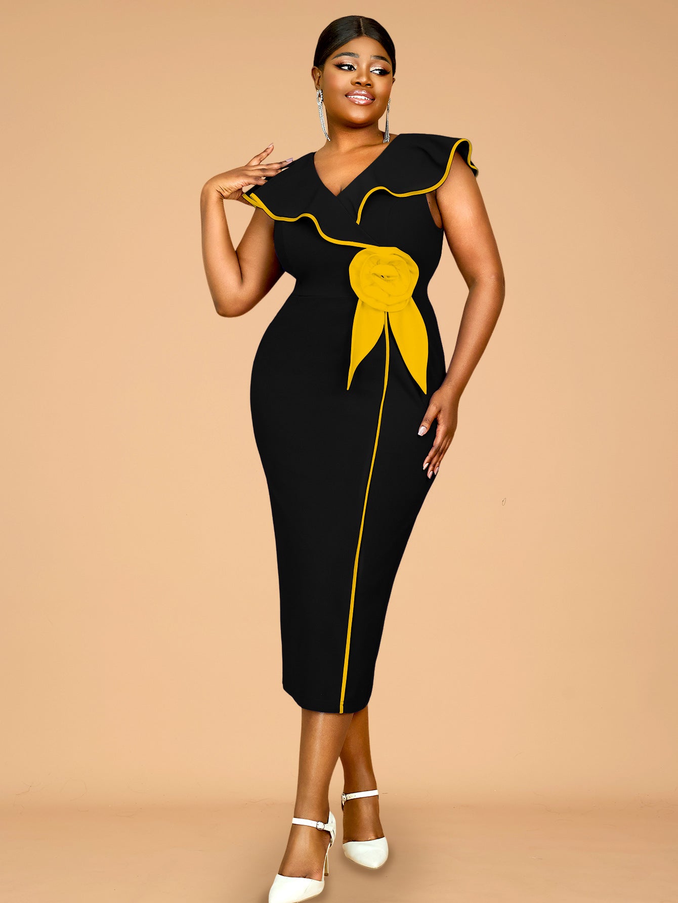 Plus-Size Contrast Flower Ruffle Sleeve Elegant Chic Formal Party Dress 30