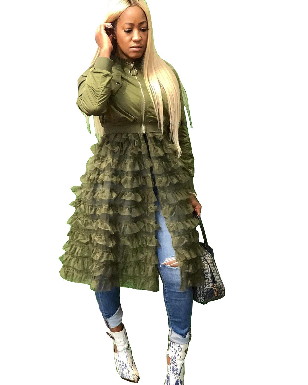 Fashionable Zipper Solid Color Mesh Lace Patchwork Jacket Coat 13