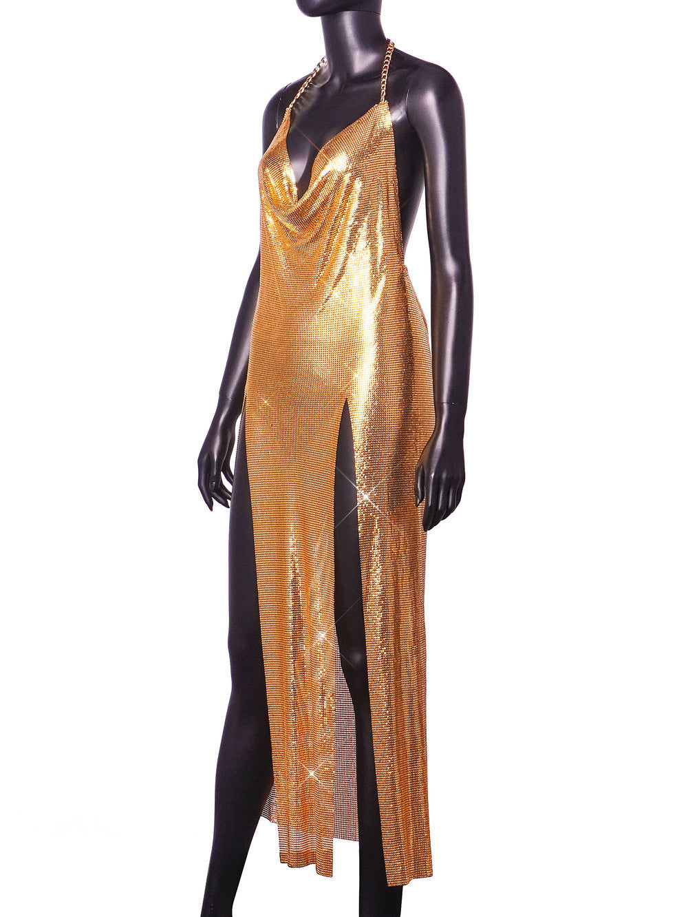 Women's Nightclub Sexy Halter Neck Strap Low Back Metal High Slit Dress 15