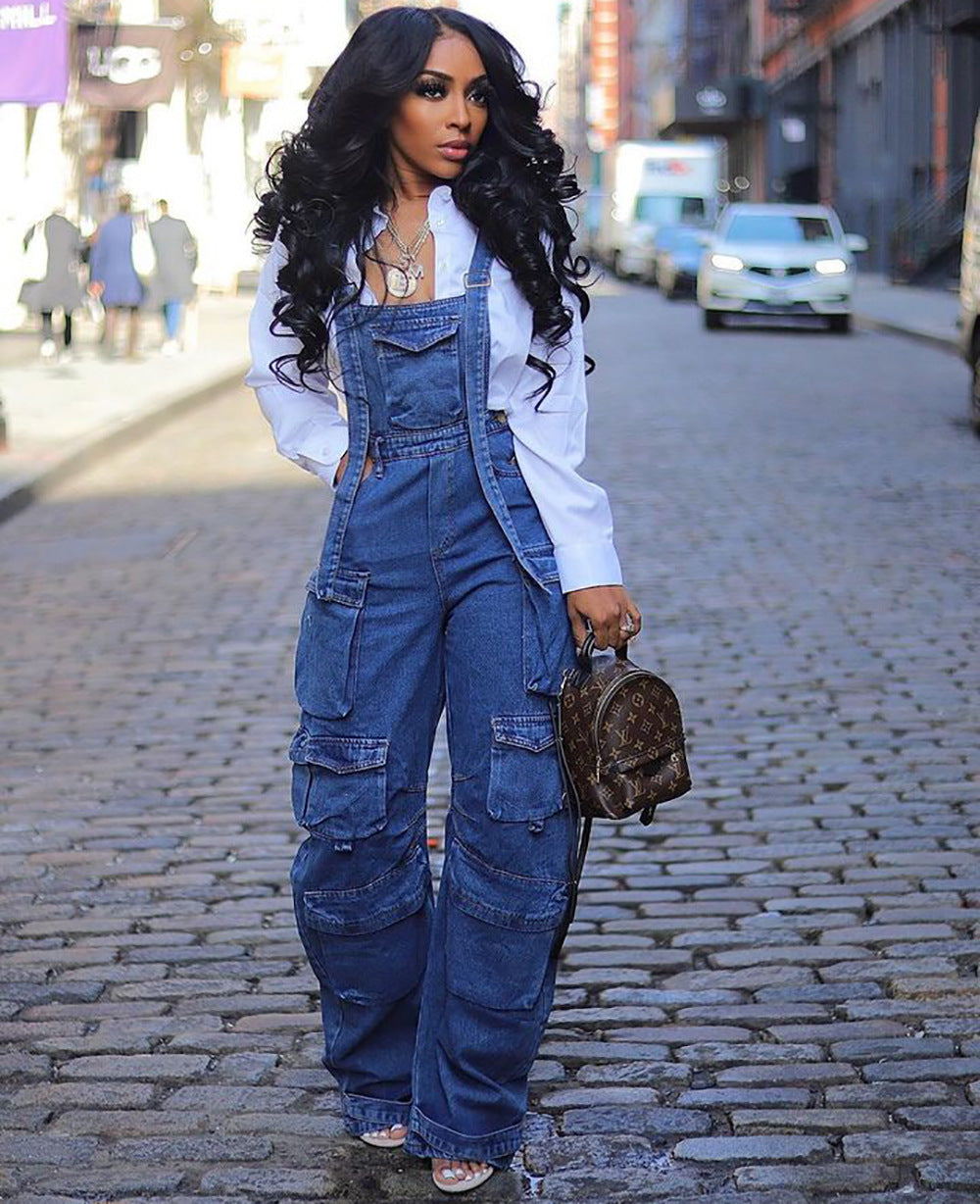 Women Loose Denim Pocket Jumpsuit