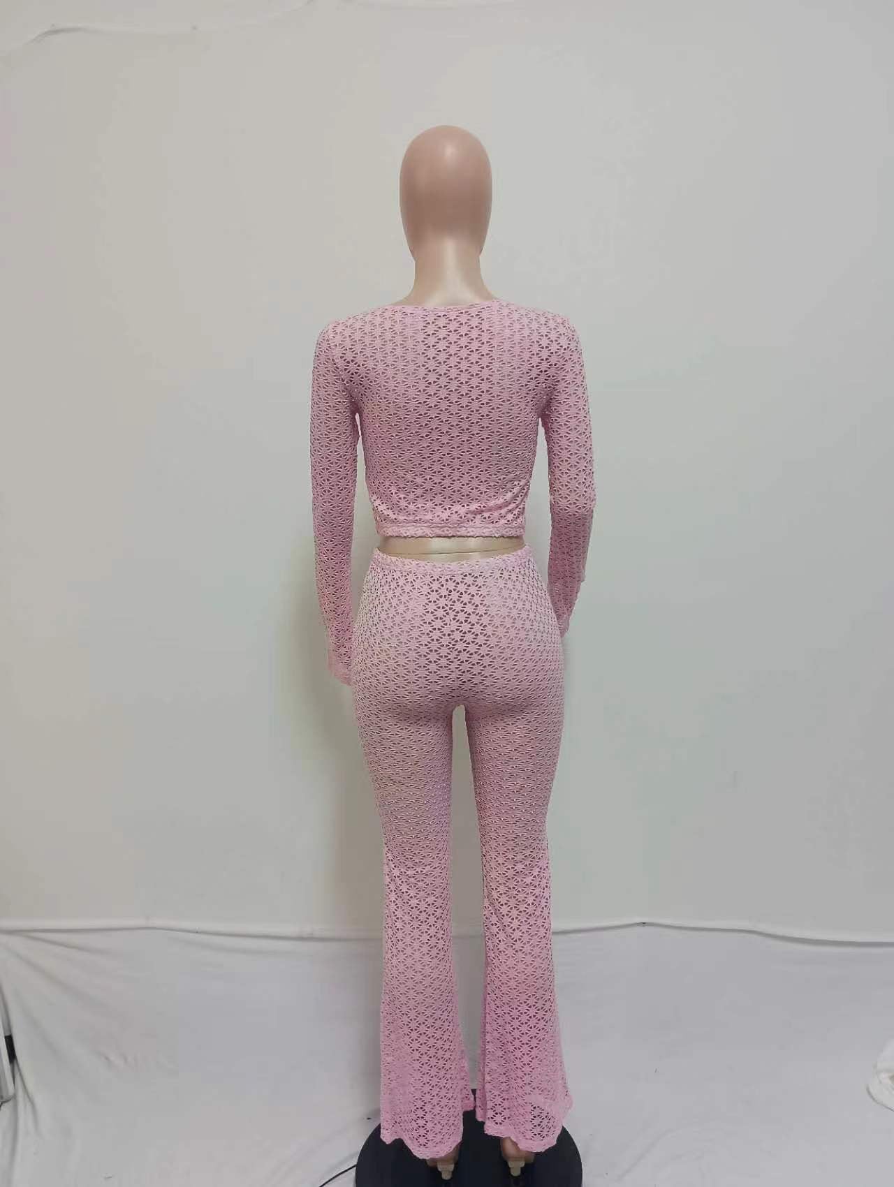 Women's Sexy Lace Ripped See-Through Crop Top High-Waist Long Pants Set 6