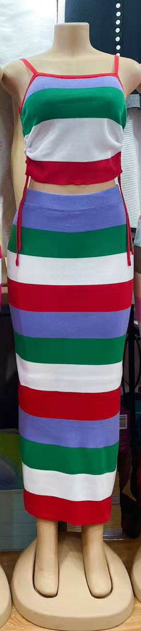 Knitting rainbow slim summer Strap two piece skirt set