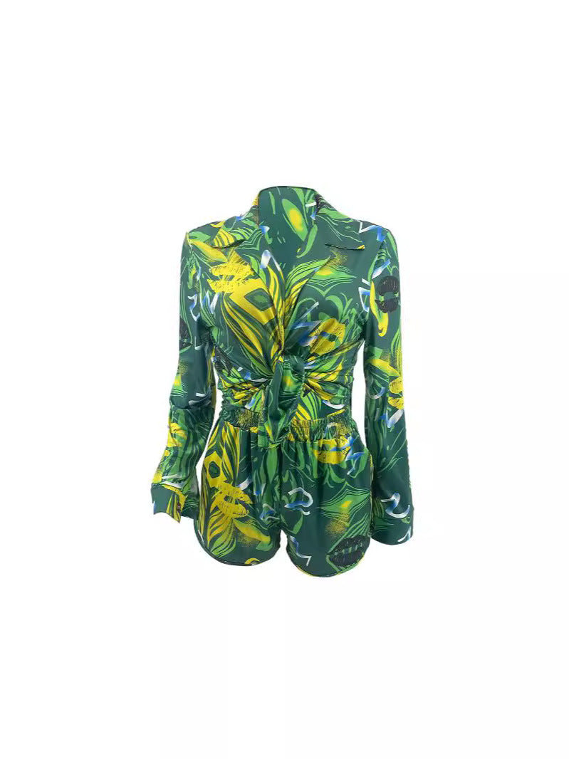 Women summer printed long-sleeved shirt and shorts Casual two-piece set 5
