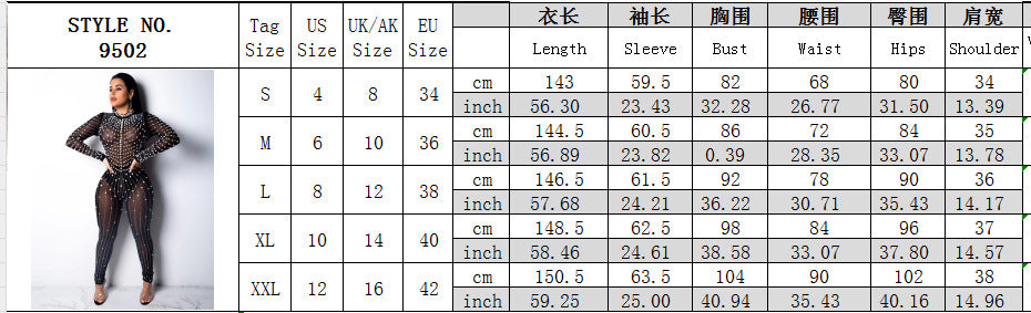 Women Sexy Mesh See-Through Beaded Round Neck Long Sleeve Jumpsuit 6