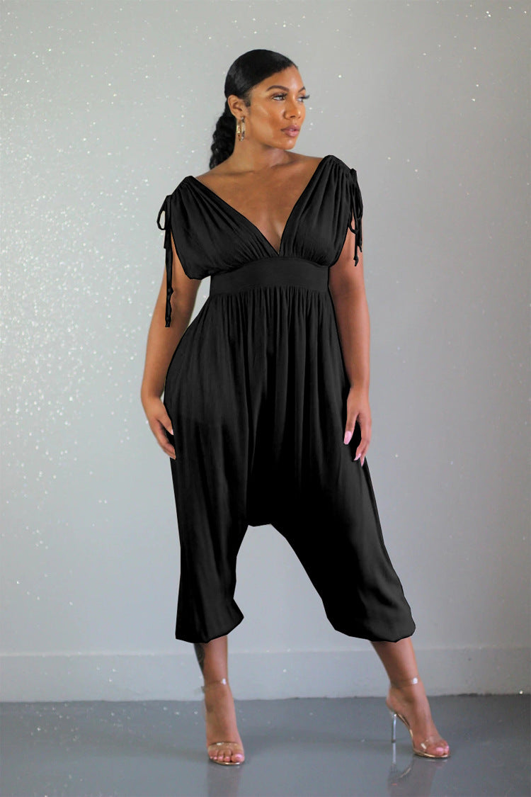 Women Casual Drawstring V Neck Wide Leg Jumpsuit 3