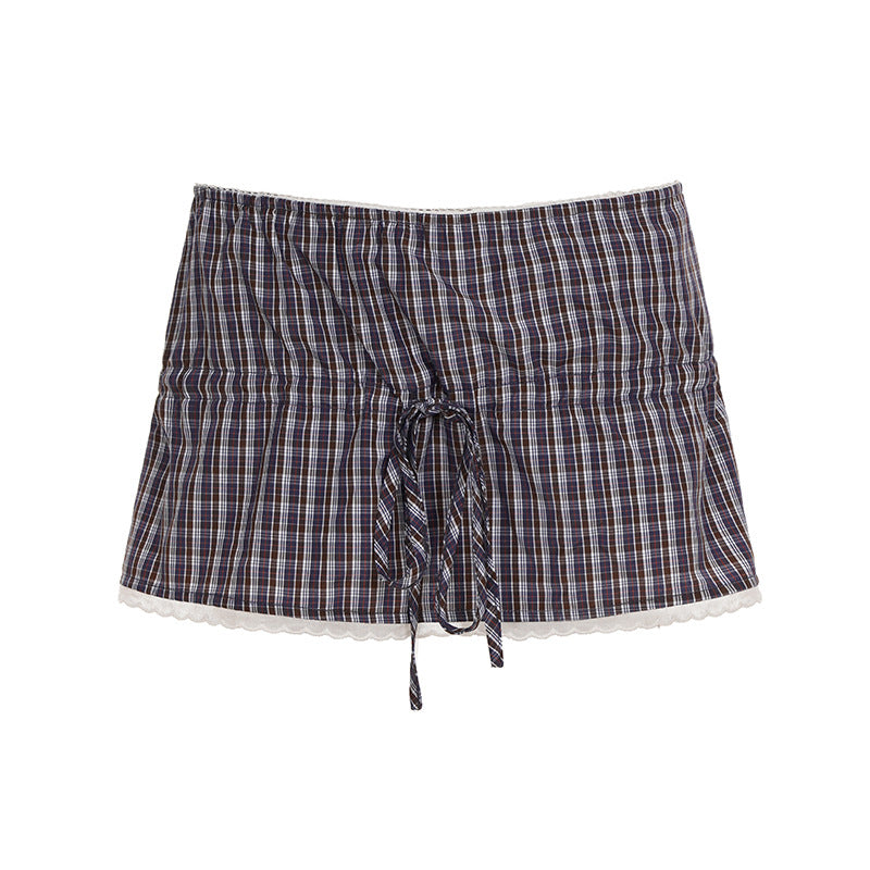 Women's Plaid Lace Trim Elastic Tie-Waist Trendy Woven Short Shirt Set 31