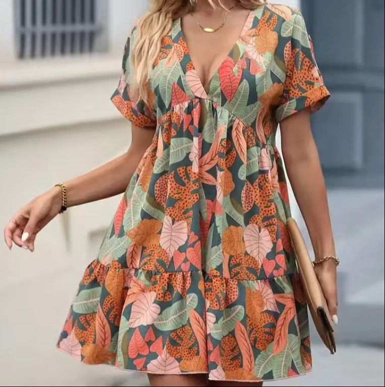Women Solid V-neck Loose Pleated Dress 5
