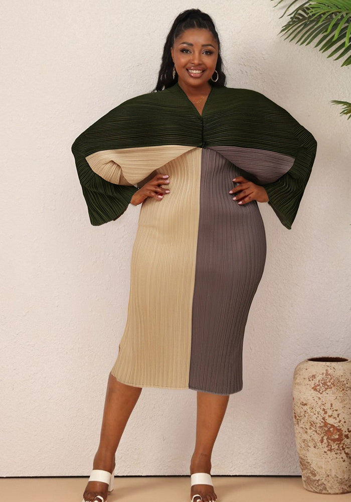 Plus Size Women V-neck Bat Sleeves Pleated Dress