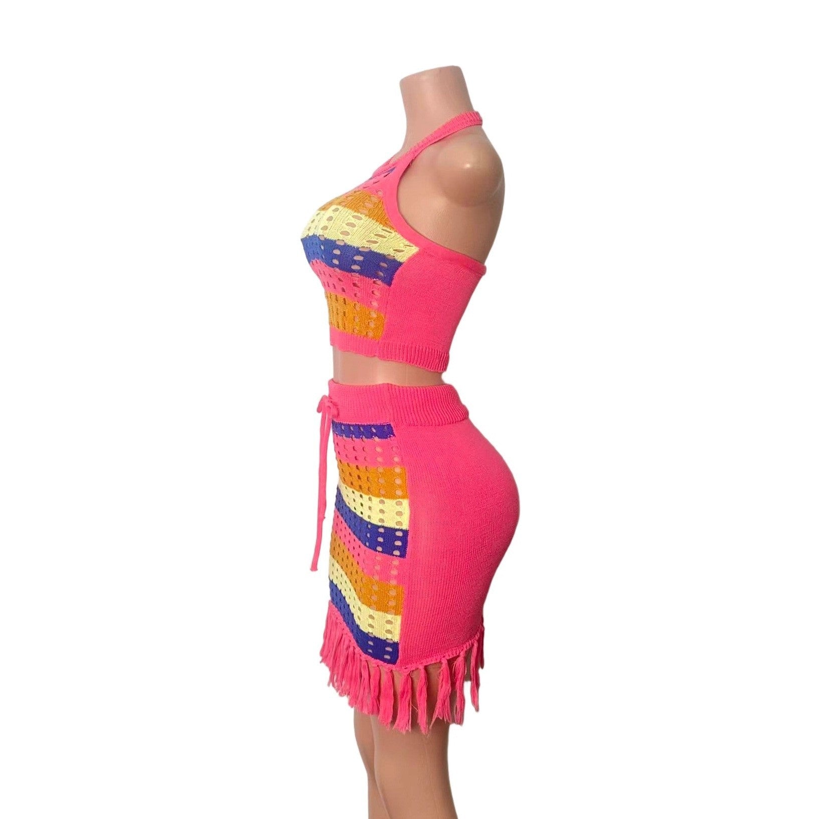 Women multi-color striped hollowed-out knitting halter neck top with tassel bodycon skirt, two-piece set. 14