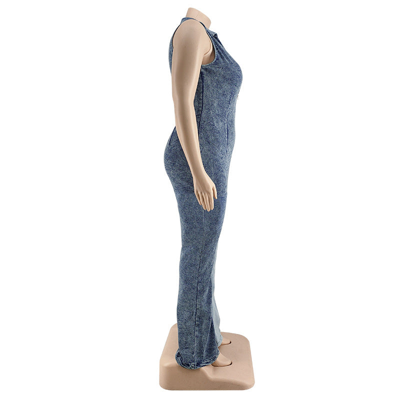 Plus Size Women's Fall Color Block Wash Sexy Denim Jumpsuit 12