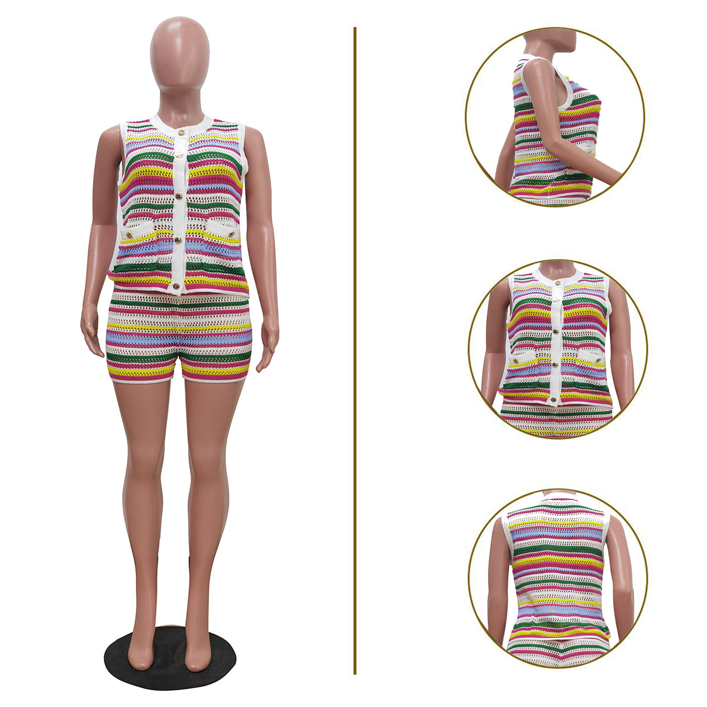 Casual Multi-Color Striped Knitting Sleeveless Two Piece Shorts Set 9