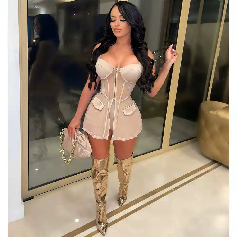 Women Mesh See-Through Patchwork vest shorts 2-piece set 5