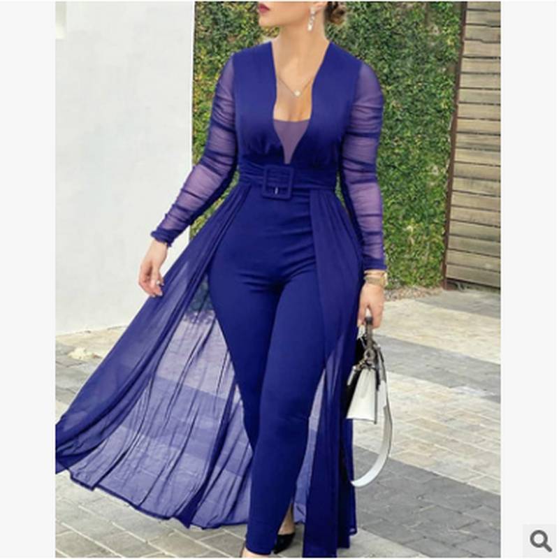 Women'S Culottes Solid Color Fashion Deep V-Neck Long-Sleeved Lace Patchwork Solid Color Slim Jumpsuit 5